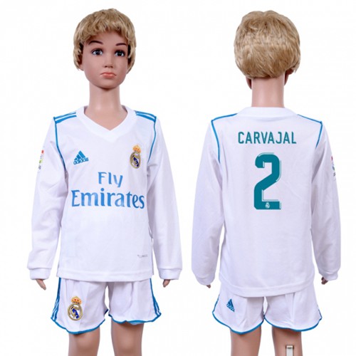 Real Madrid #2 Carvajal Home Long Sleeves Kid Soccer Club Jersey
